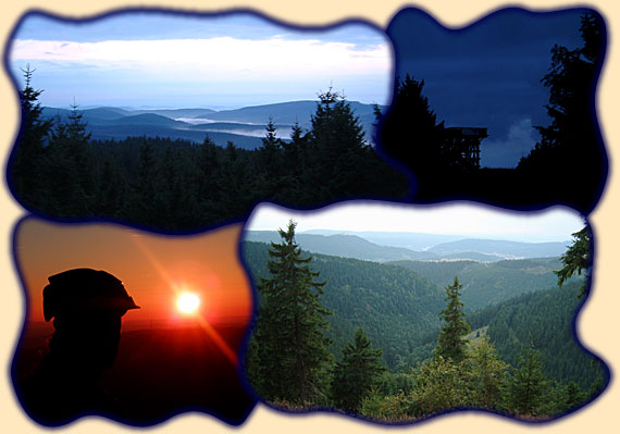 Bild 1-3 Finsterberg bei Sonnenauf- und untergang; Bild 4 Aussichtspunkt am Fichtenkopf