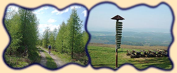 Anfahrt zum Dolmar; Wegweiser auf dem Dolmar mit Blick zum Th&uuml;riger Hauptkamm (Rennsteig)